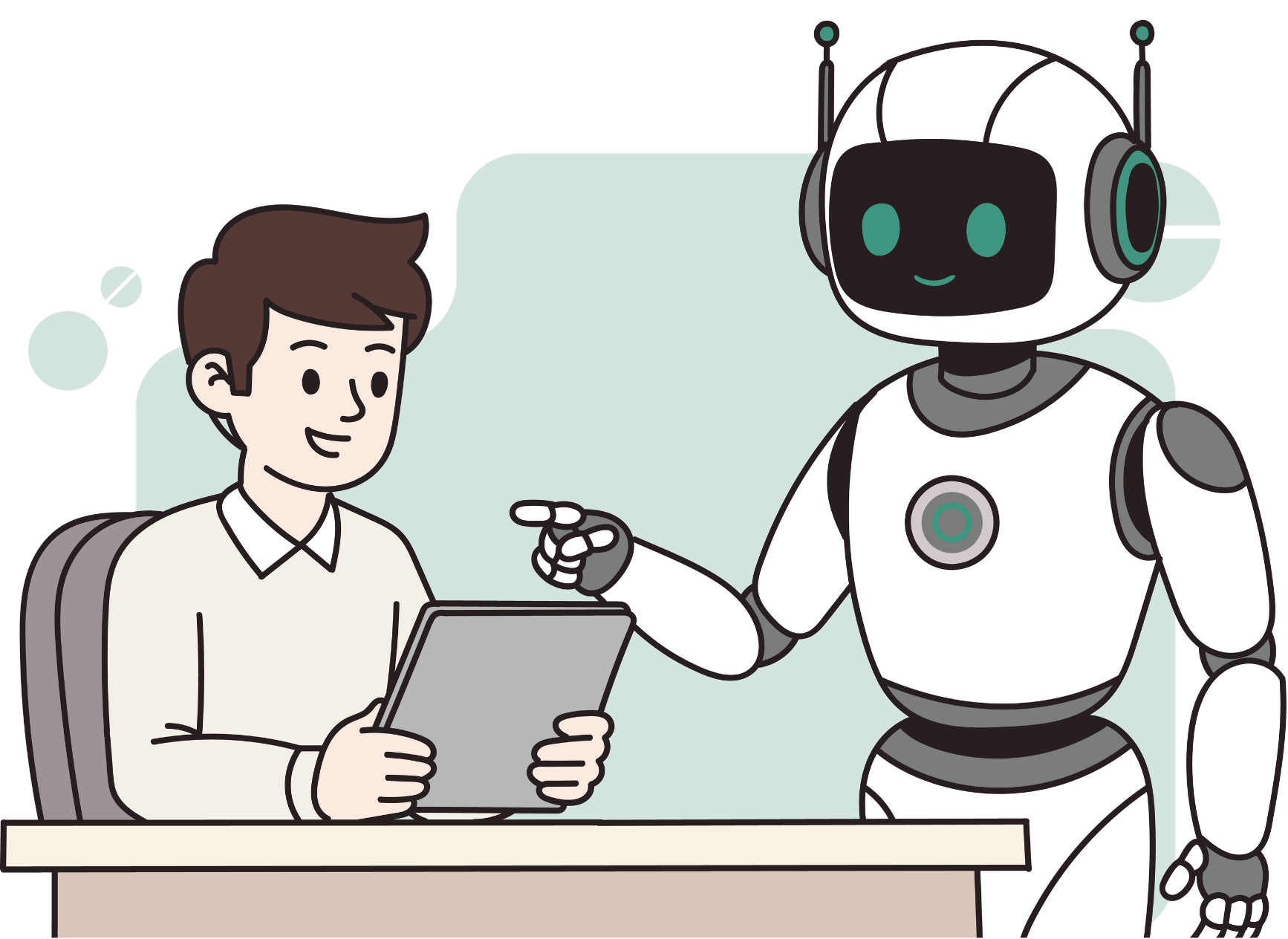 Engineer collaborating with an AI assistant on a tablet