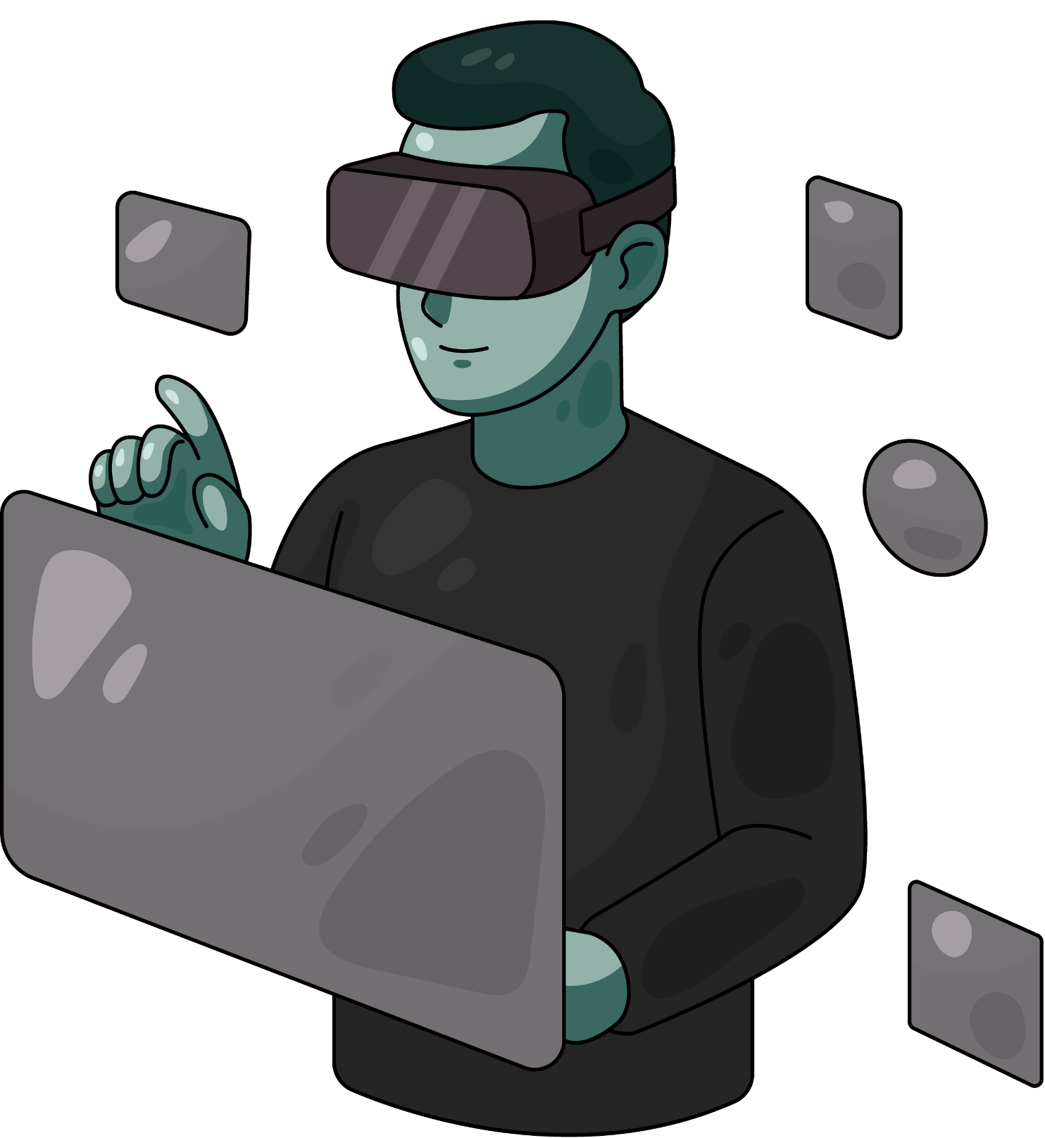VR and AR illustration — person with headset and laptop